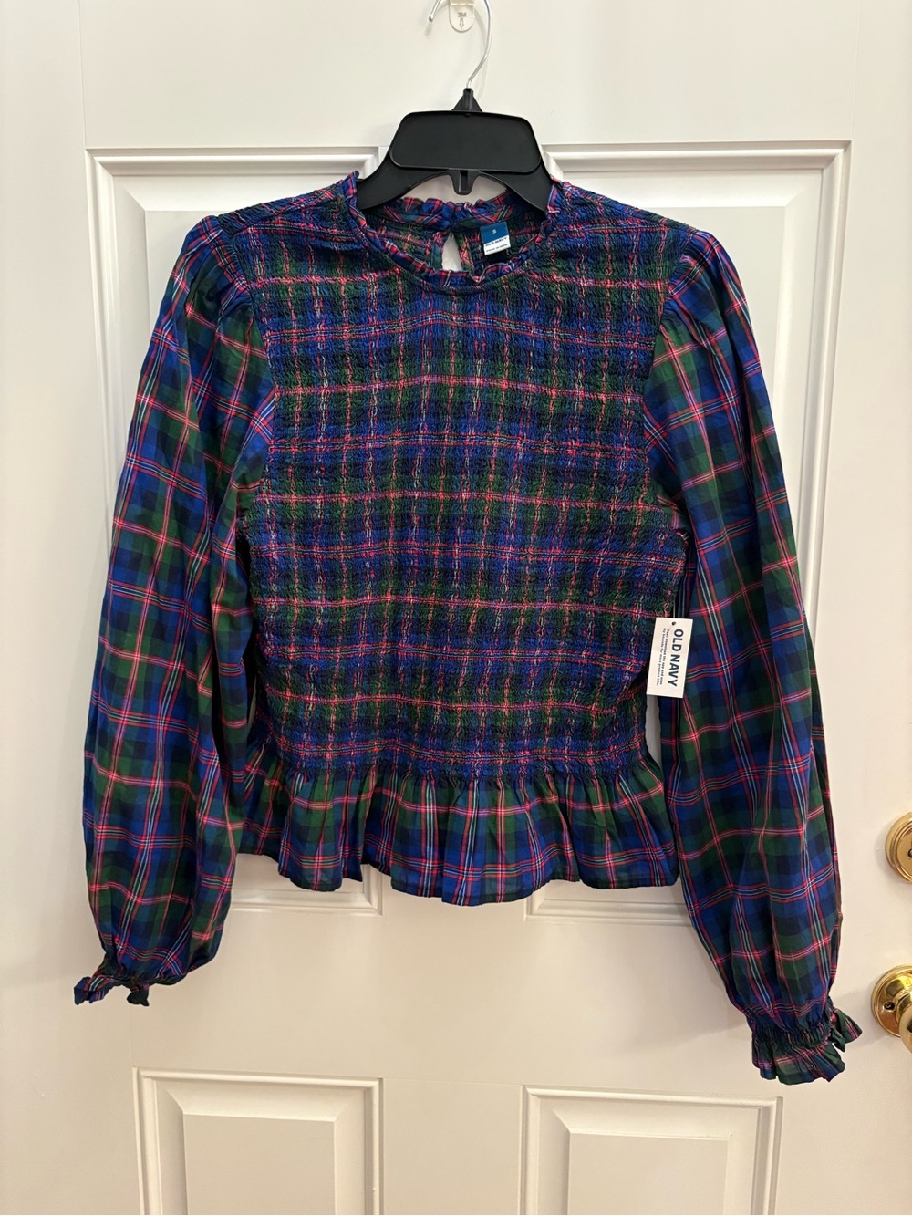 NWT, Old Navy Blue & Green Plaid Smocked Peplum Blouse